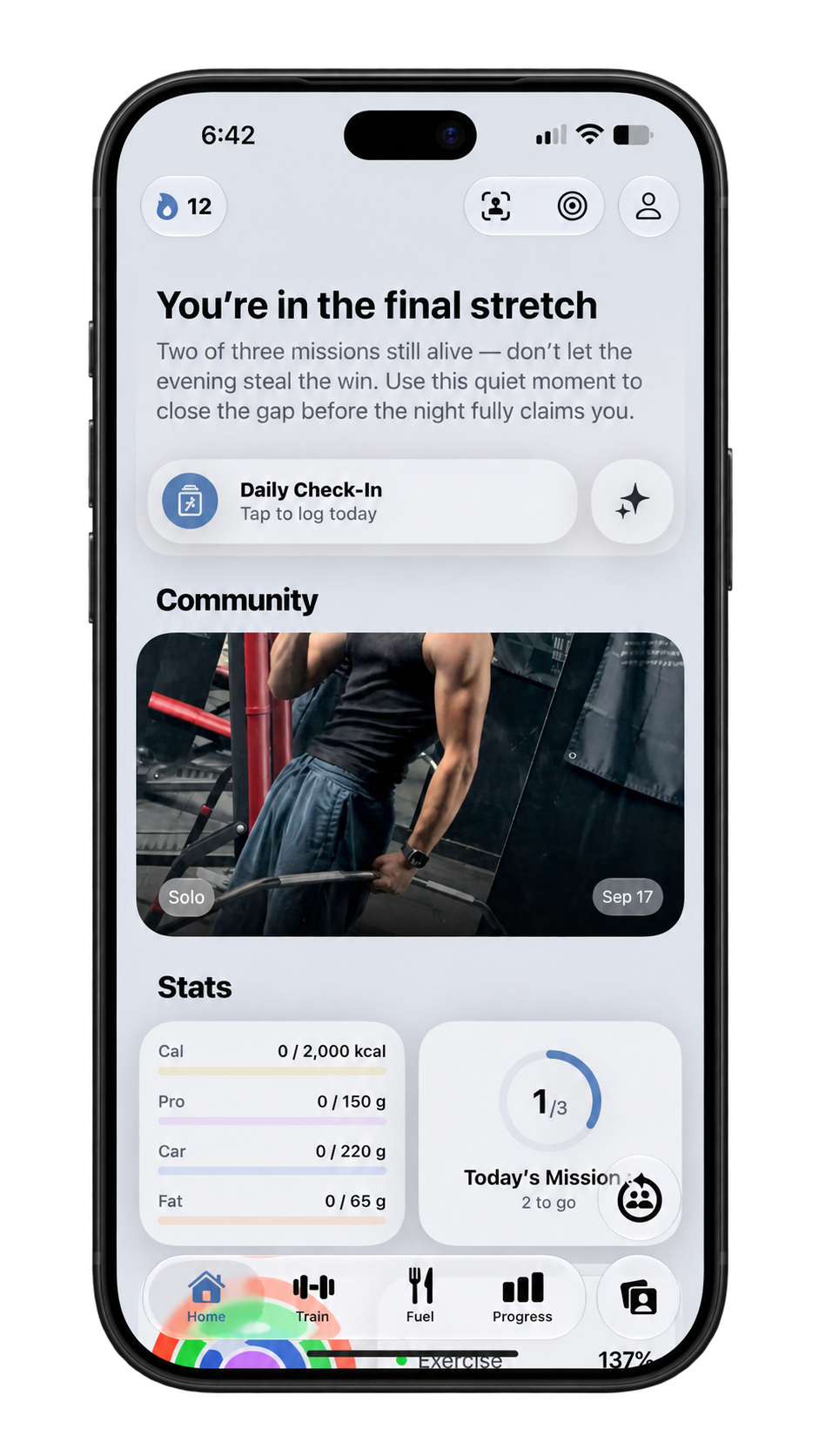 FitLink+ home screen — daily check-in, community, stats