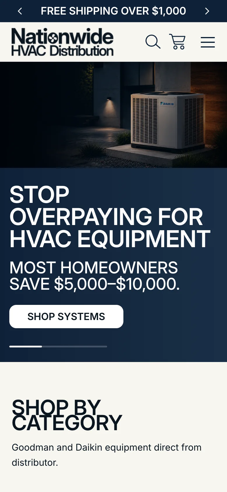 Nationwide HVAC Distribution storefront — contractor pricing hero