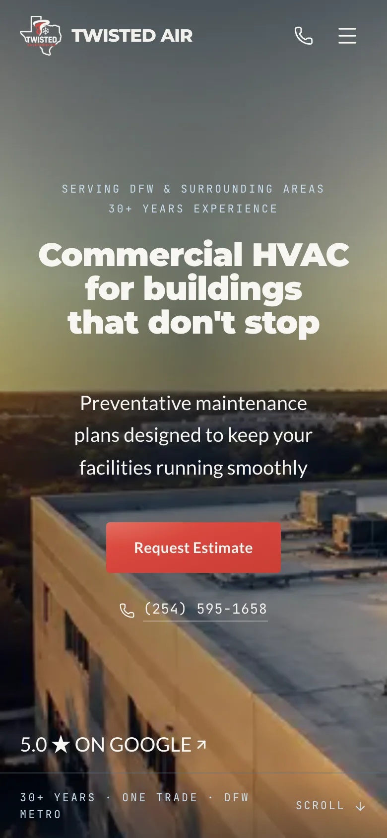 Twisted Air & Refrigeration website hero — Commercial HVAC for buildings that don’t stop