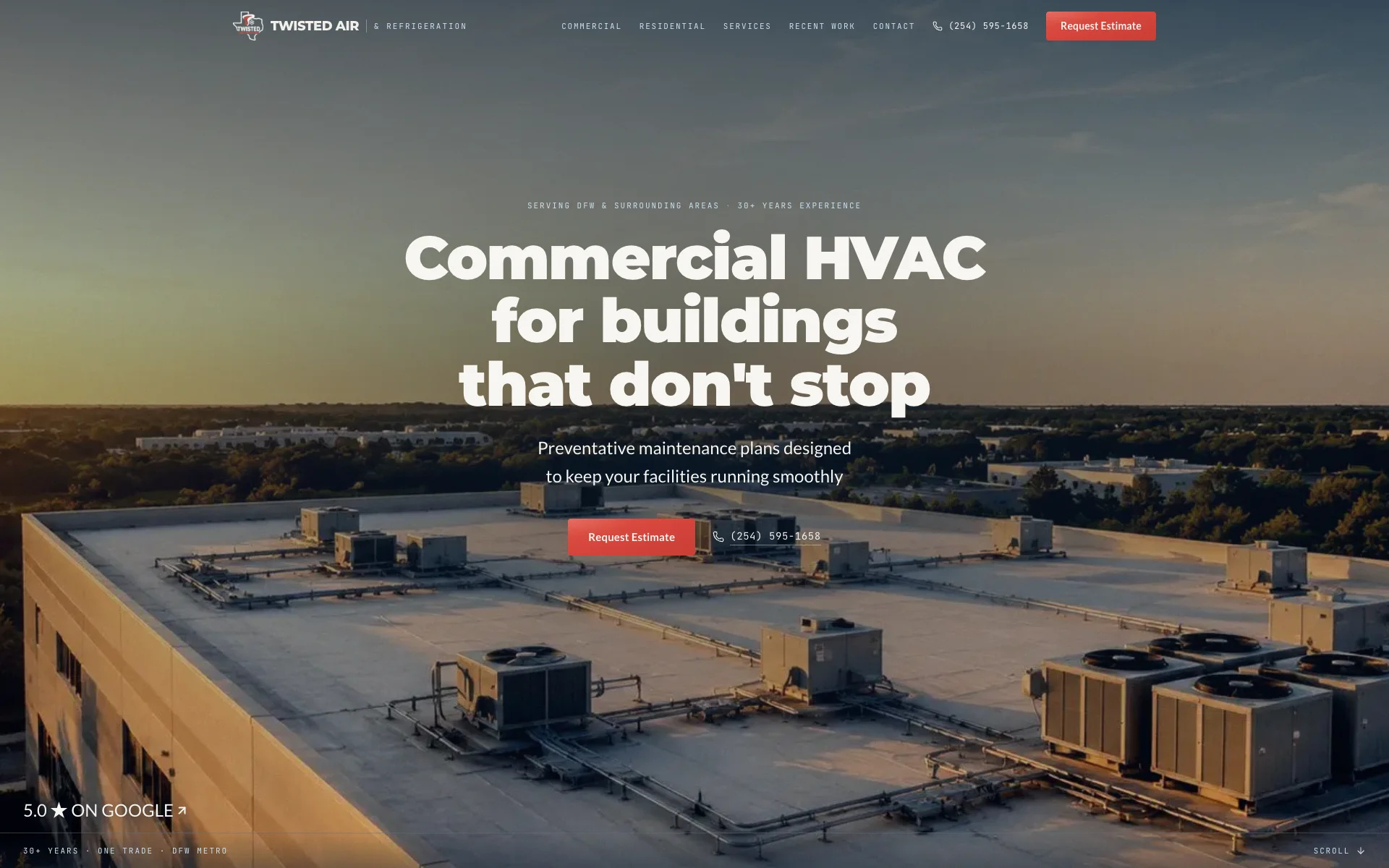 Twisted Air & Refrigeration website hero — Commercial HVAC for buildings that don’t stop